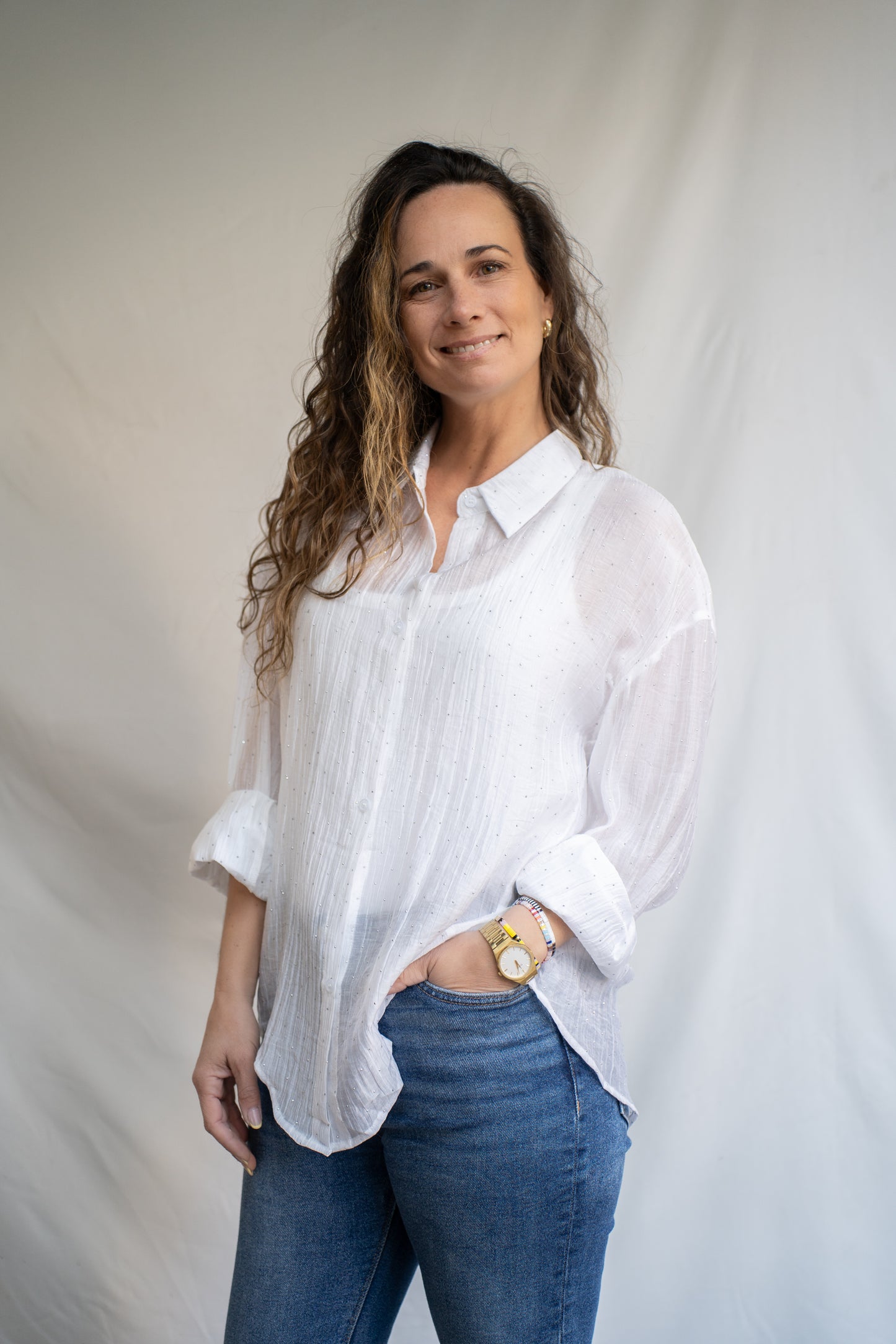 Blusa Bibu Blanca Brillos