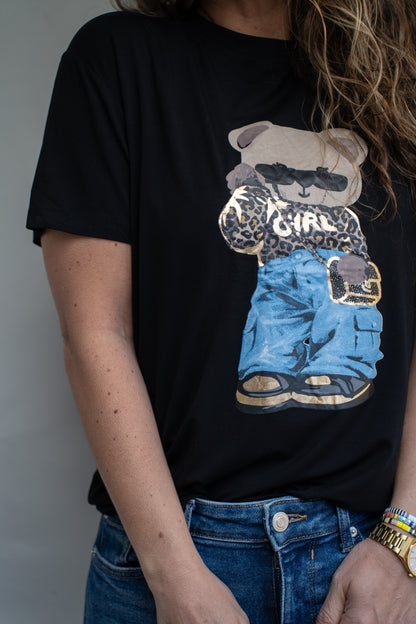 Polera Teddy Negra Estampada