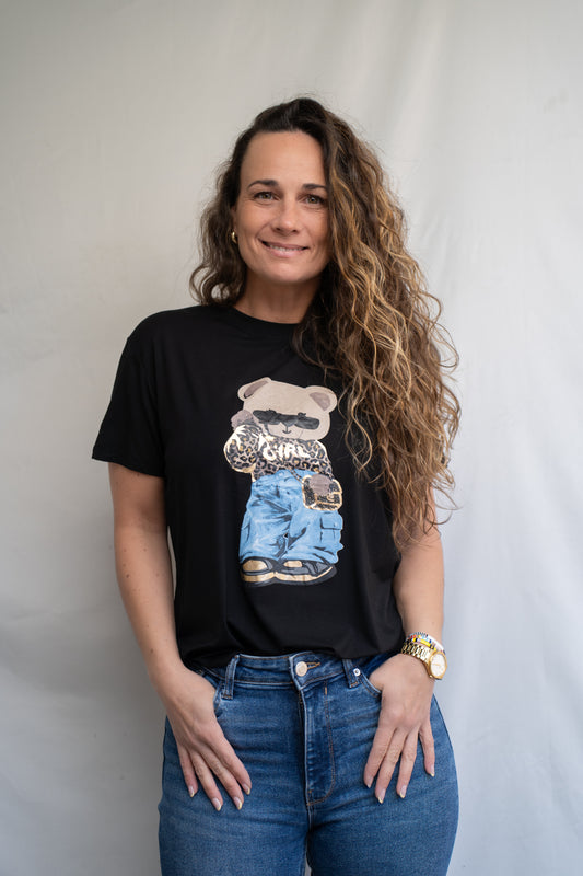 Polera Teddy Negra Estampada
